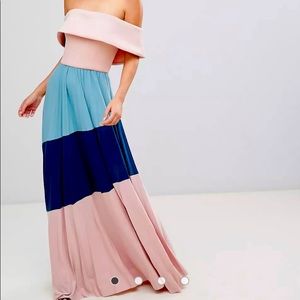 ASOS DESIGN Bardot Scuba Color Block Pleated Maxi Dress Size 0